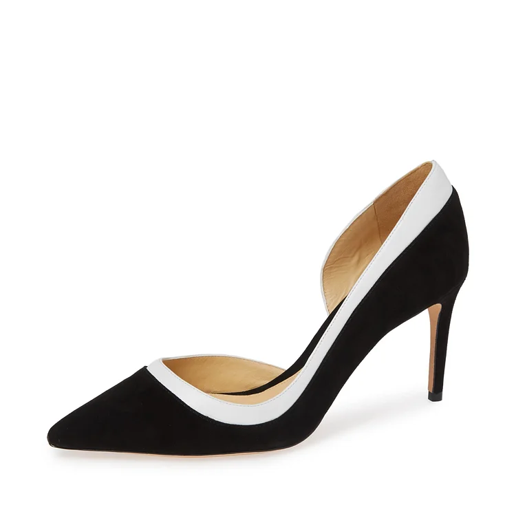 Black and White Vegan Suede Stiletto Heels Dorsay Pumps |FSJ Shoes