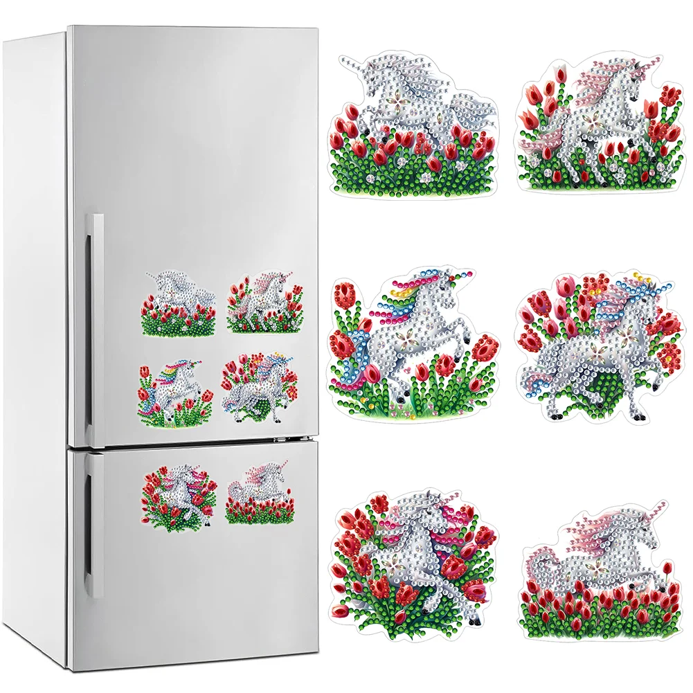  6 Pcs Tulip Horse Diamond Painting Cartoon Fridge Magnetic Stickers