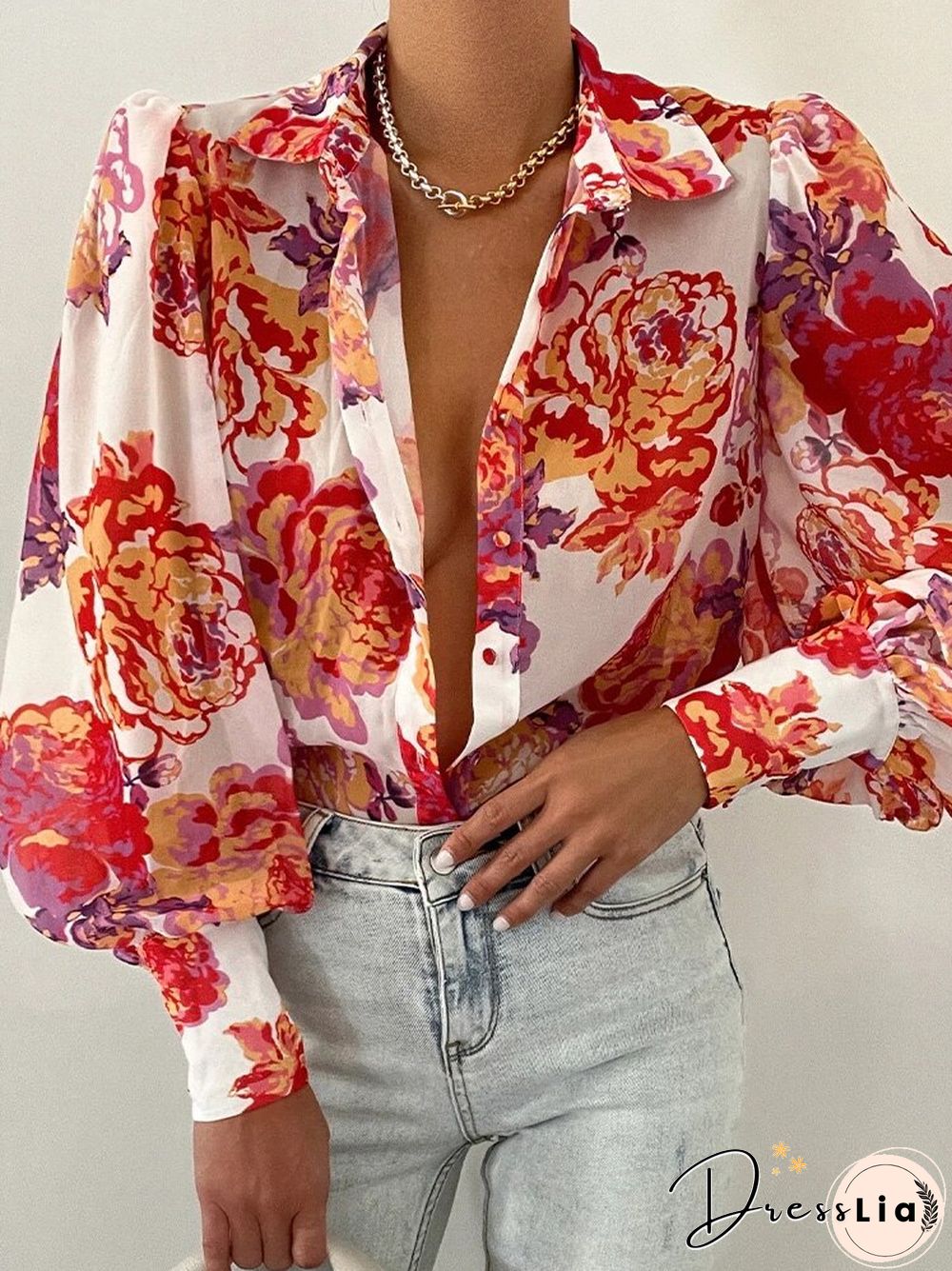 Fashion Retro Printed Pattern Button Blouses Tops Women Spring Commute Blusas Mujer New