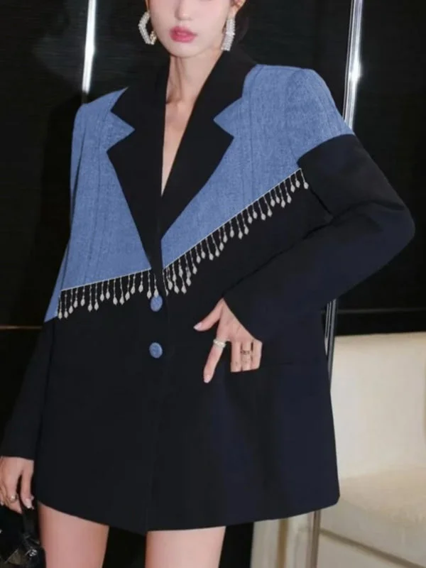 Party Black Lapel Patchwork Contrast Color Buttoned Split-Joint Long Sleeve Blazer