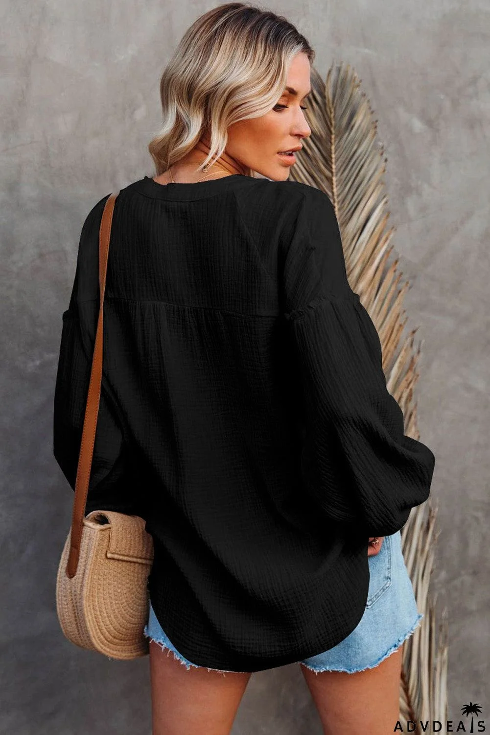 Casual Balloon Sleeve Crinkled Top