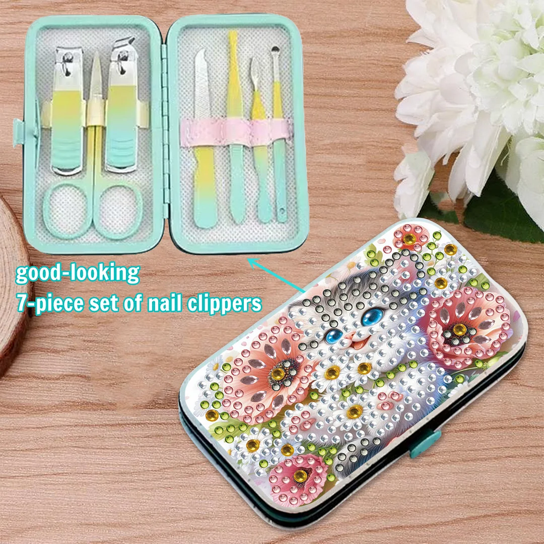 Cat Flower Diamond Painting Nail Art Bag Set Includes 7 Professional Tools
