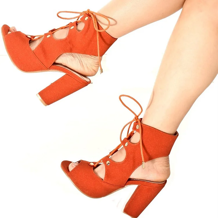Women's Orange Chunky Heel Slingback Lace Up Sandals |FSJ Shoes