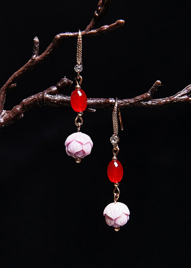 Boho Red Gem Fine Lotus Flower Stone Drop Earrings