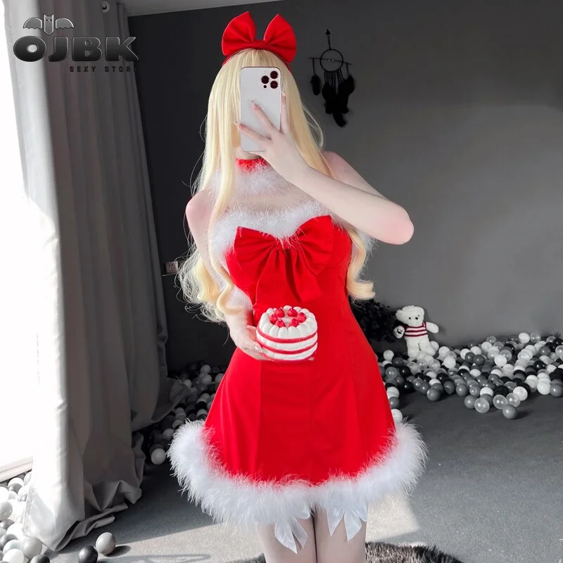 Billionm OJBK Sexy Women Santa Cosplay Costume Christmas Princess Sling Backless Red Dress Sexy Lingerie Winter Wrap Chest Bra Tops 2021
