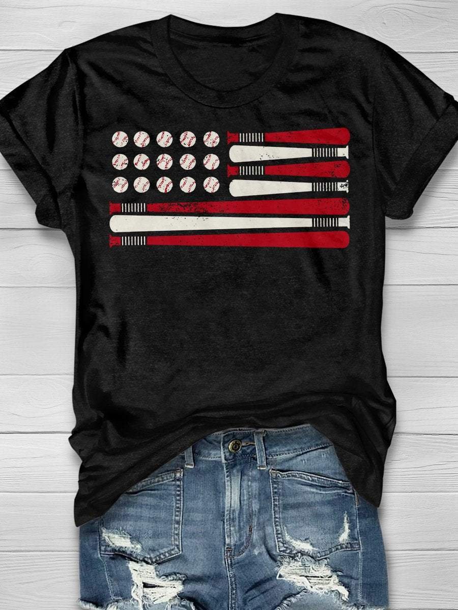 American Flag Patriotic Baseball Design Print Short Sleeve T-shirt
