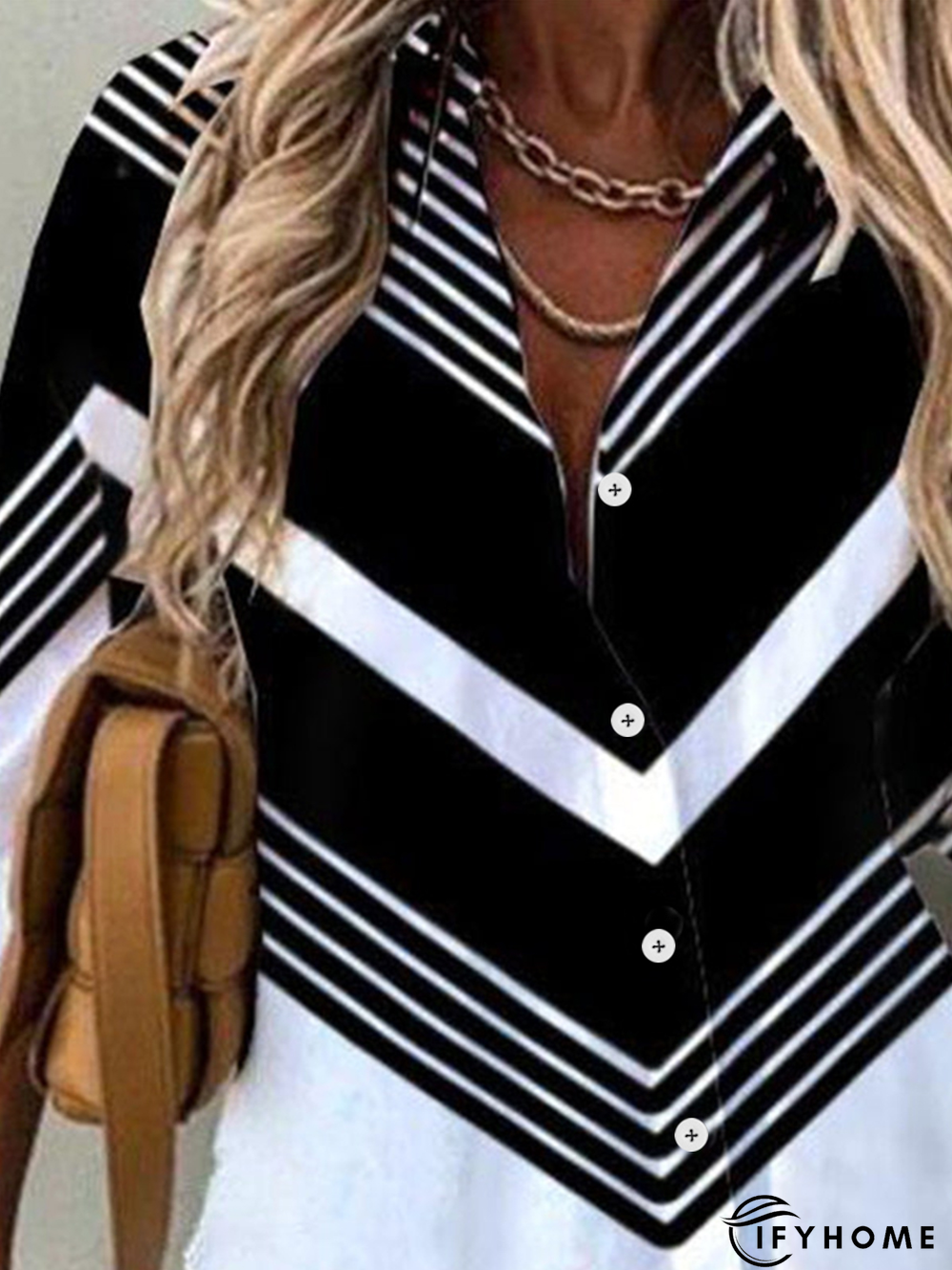 Shirt Collar Casual Striped Color Block Long Sleeve Blouse | IFYHOME
