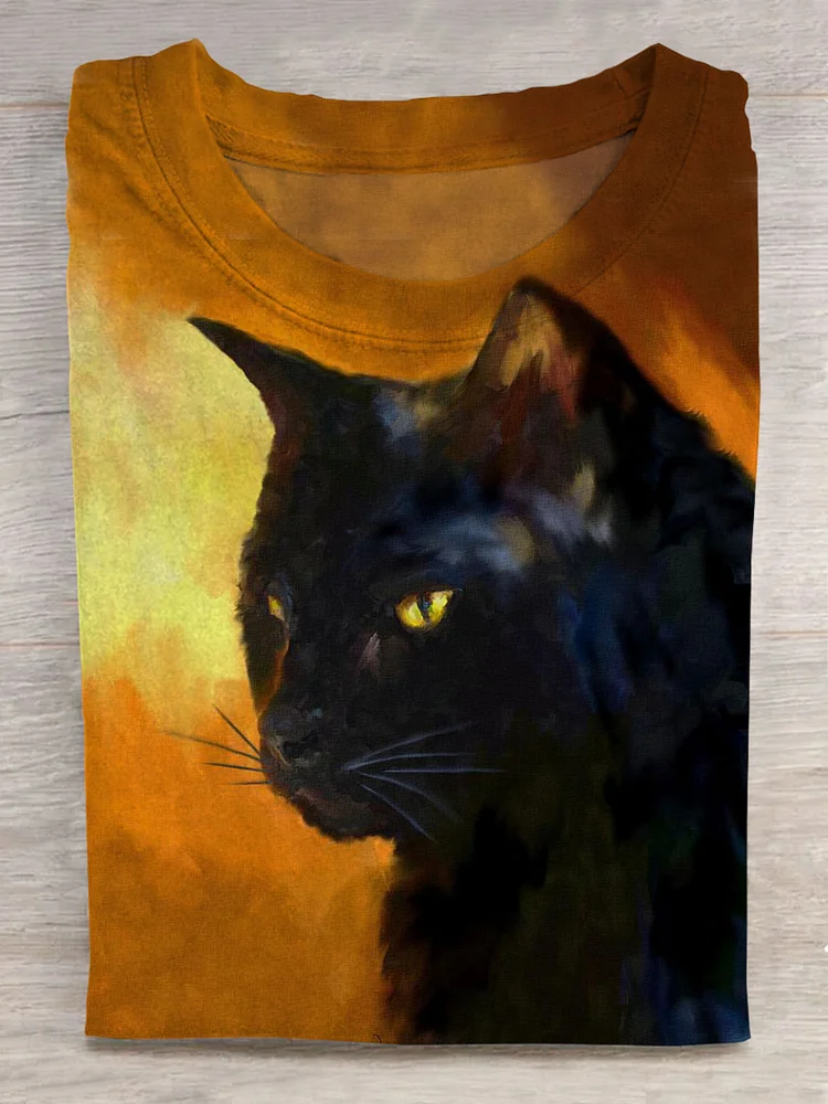 Cute Cat Art Print Casual T-shirt