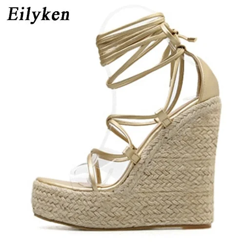 Eilyken 2022 New Champagne Gold Women Sandals Black Lace-up Peep toe Summer Wedges High Heels Large Size 35-42 Elegant Sandals