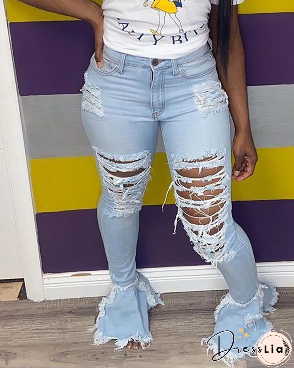 Ripped Bell Bottom Fringe Hem Denim Pants P14391
