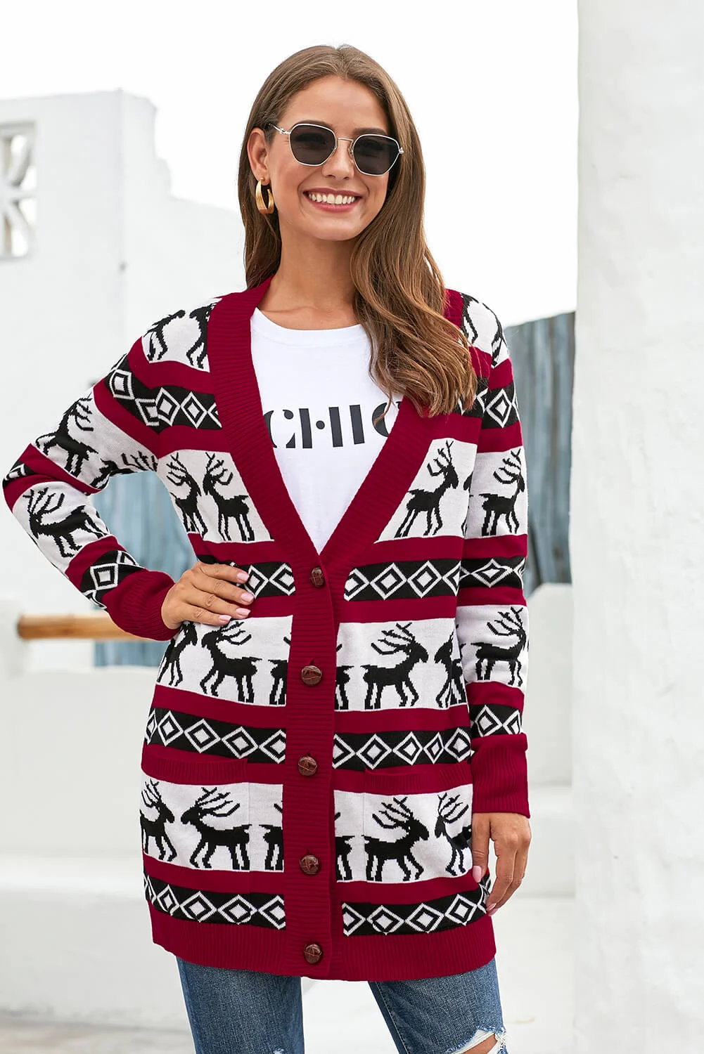 Red Elk Printed Long Sleeves Knitting Mid-length Christmas Cardigan | IFYHOME