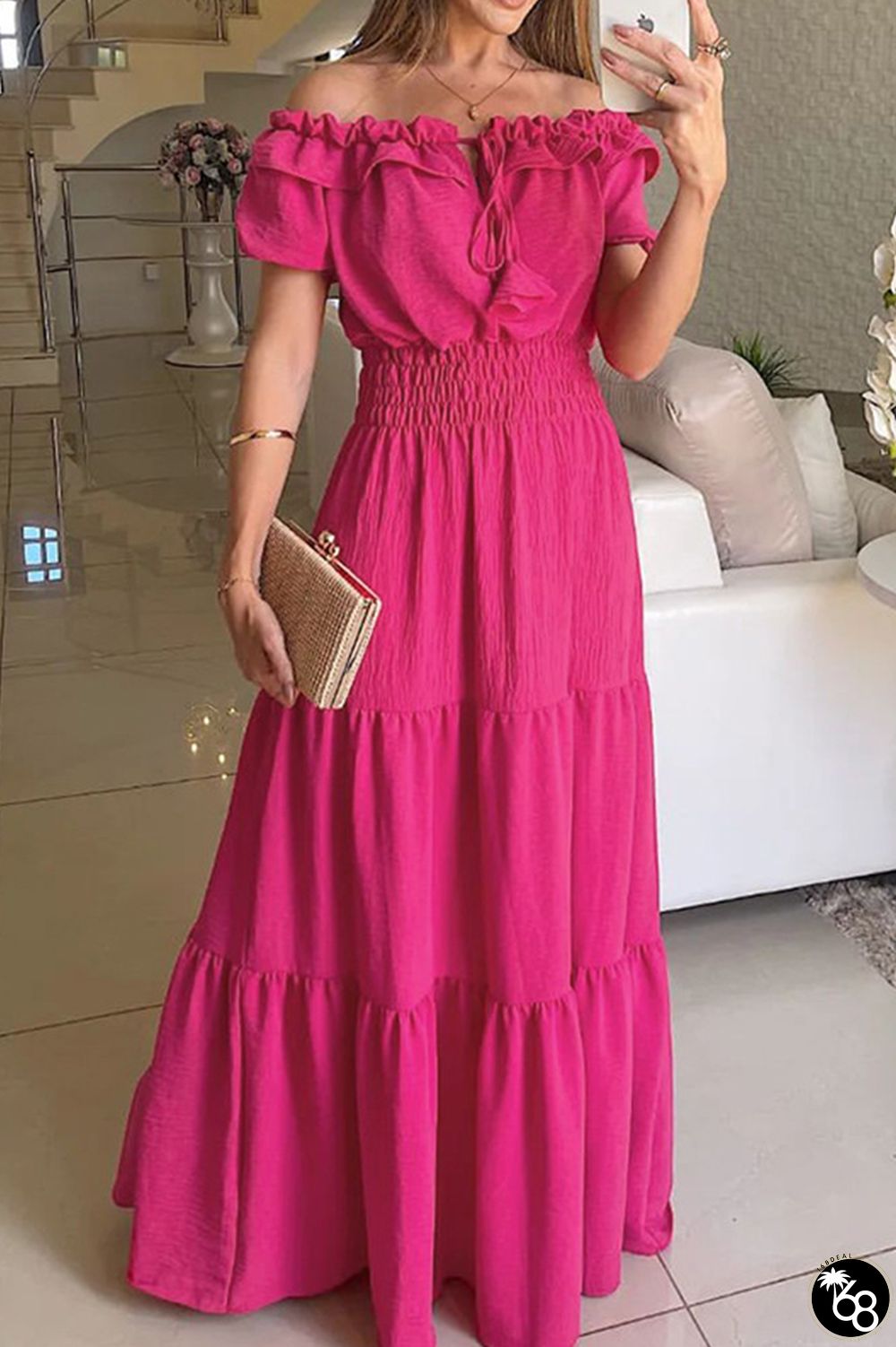 Rose Red Casual Solid Patchwork Off the Shoulder Short Sleeve Dress Dresses | 168DEAL