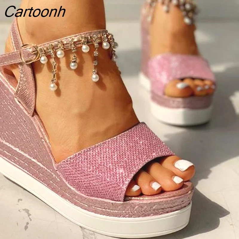 Cartoonh New Women Wedge Sandals Summer Bead Studded Detail Platform Sandals Buckle Strap Peep Toe Thick Bottom Casual Shoes Ladies 328-1