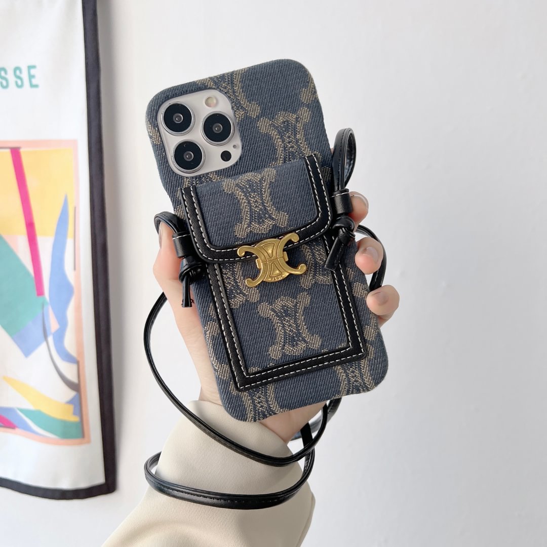 Metal Logo Leather Cord Shoulder Card iPhone Case--[GUCCLV]