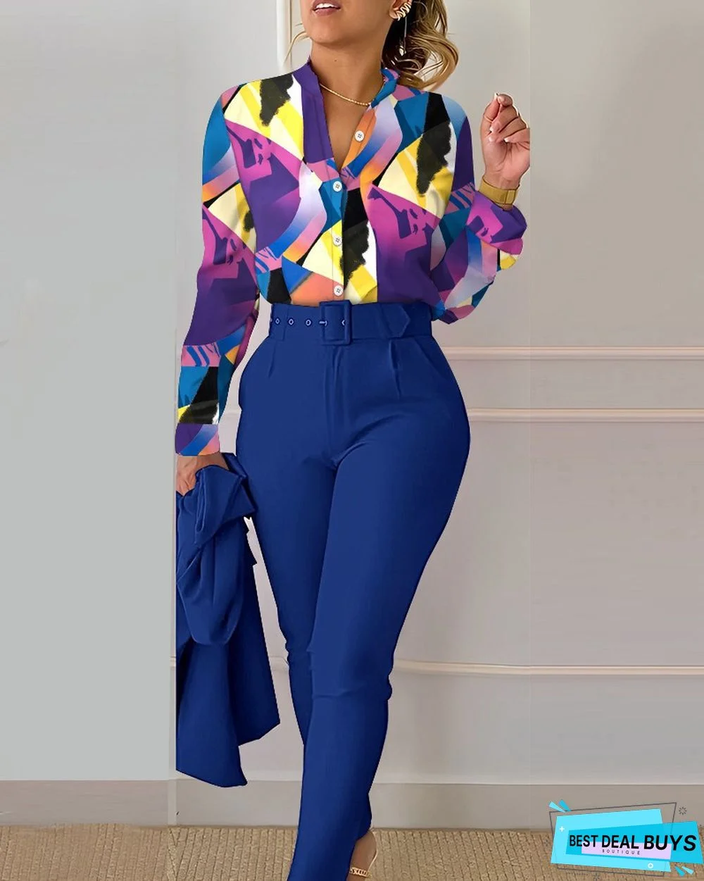 Women Long Sleeve Printed Shirt + Solid Pant Casual Two-Piece Set (No Jacket)