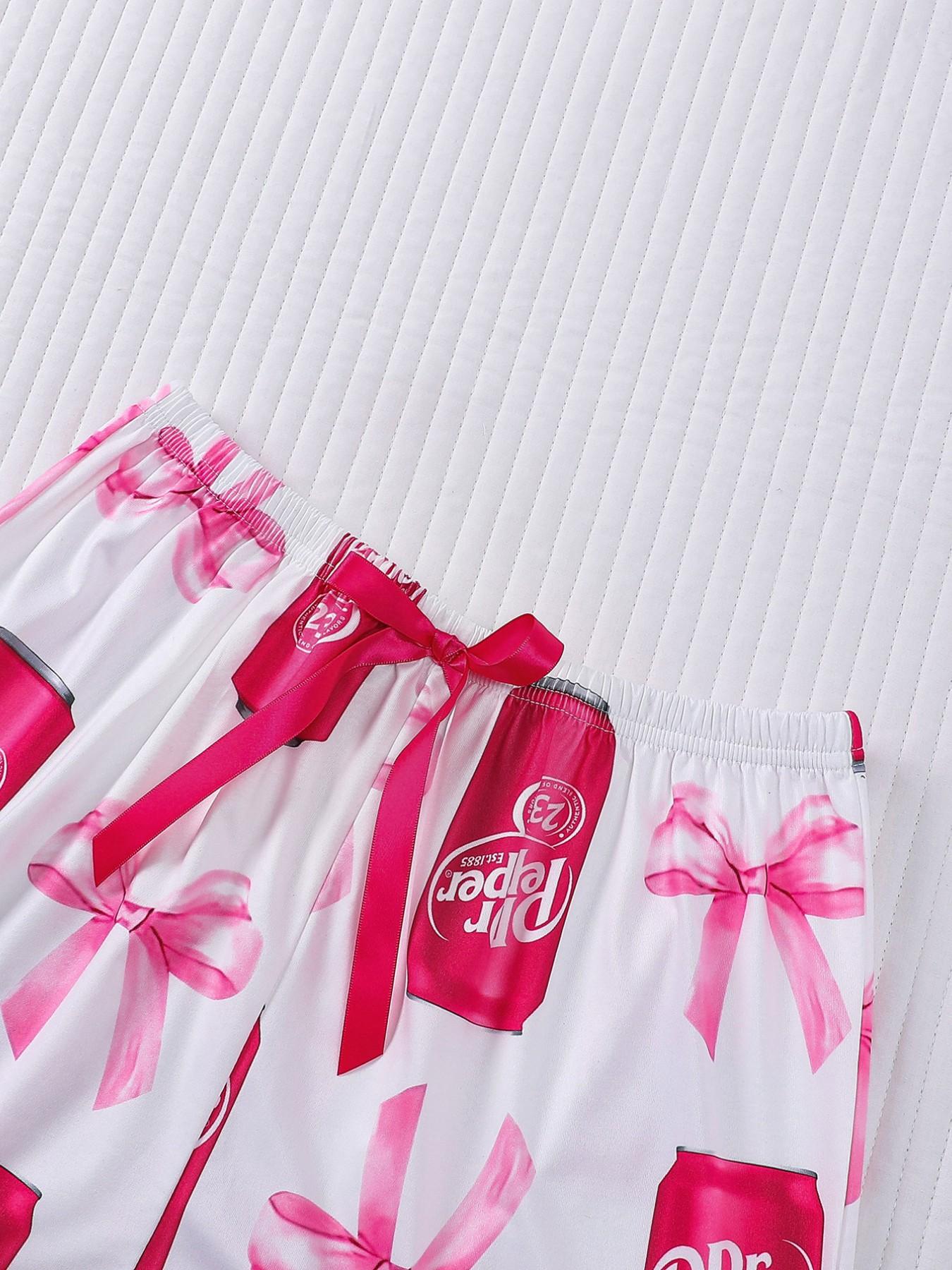 3-Piece Casual Sleepwear Set Pajamas Loungewear for Women Lady with Bow Print, Soft Fabric Button-Up Shirt and Loose Elastic Shorts and Pants, Stylish Comfortable Daily Wear Pjs