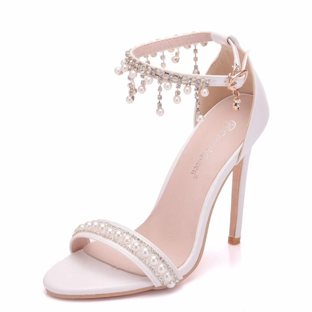 Breakj Queen Sexy Women Sandals High Heels Pearl Rhinestone 11CM Open Toe Ankle Strap Party Shoes Pumps
