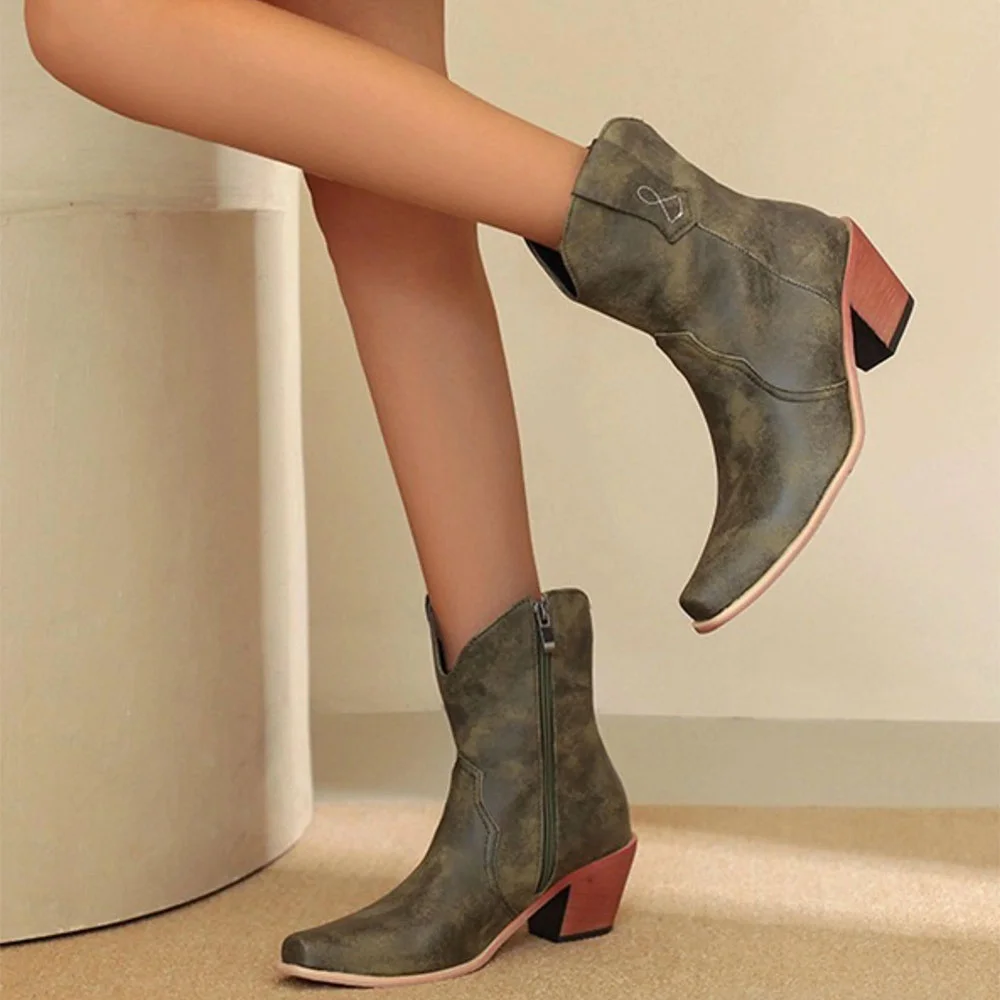 Faux Leather Olive Block Heel Snip Toe Western Boots for Women