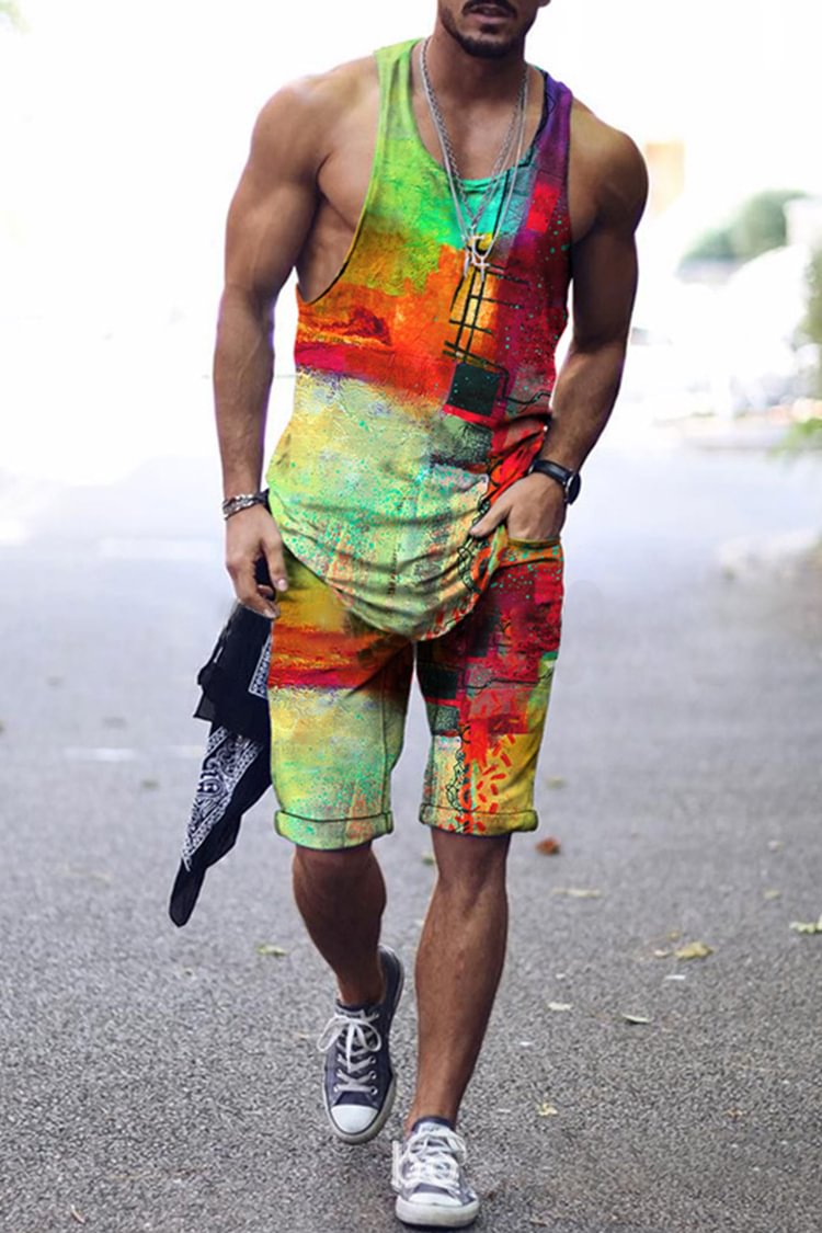 Tiboyz Men's Outfits Street Color Tank Top And Short Two Piece Set