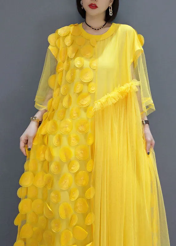 Unique Yellow Embroidered Patchwork Tulle Maxi Dress Summer