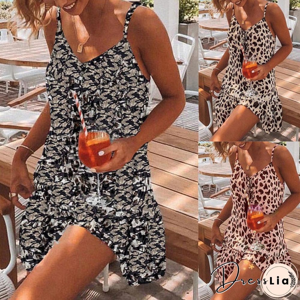 Women Fashion V-neck Leopard Print Sleeveless Dress Summer Casual Mini Tank Dress