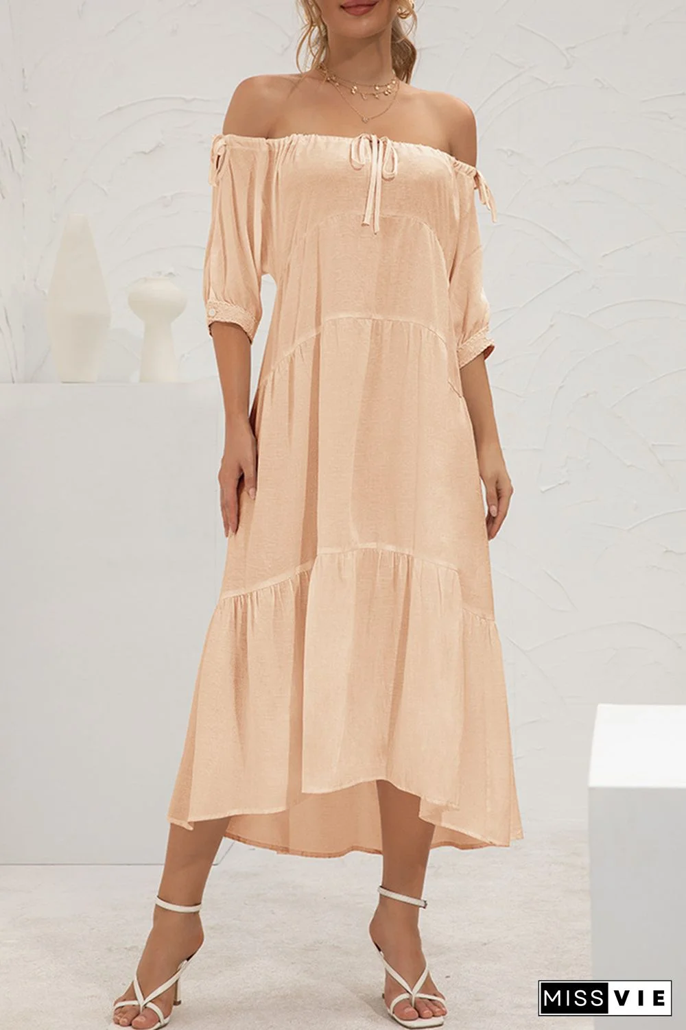 Elegant Solid Split Joint Frenulum Off the Shoulder Cake Skirt Dresses