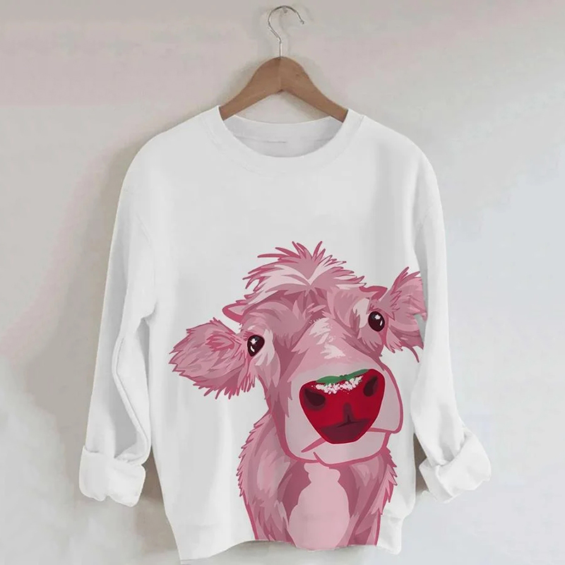 Pink Cow Print Long Sleeve Casual Sweatshirt wearshes