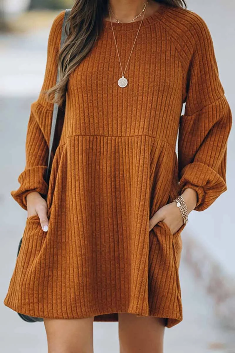 Round Neck Knitted Solid Color Mini Dress