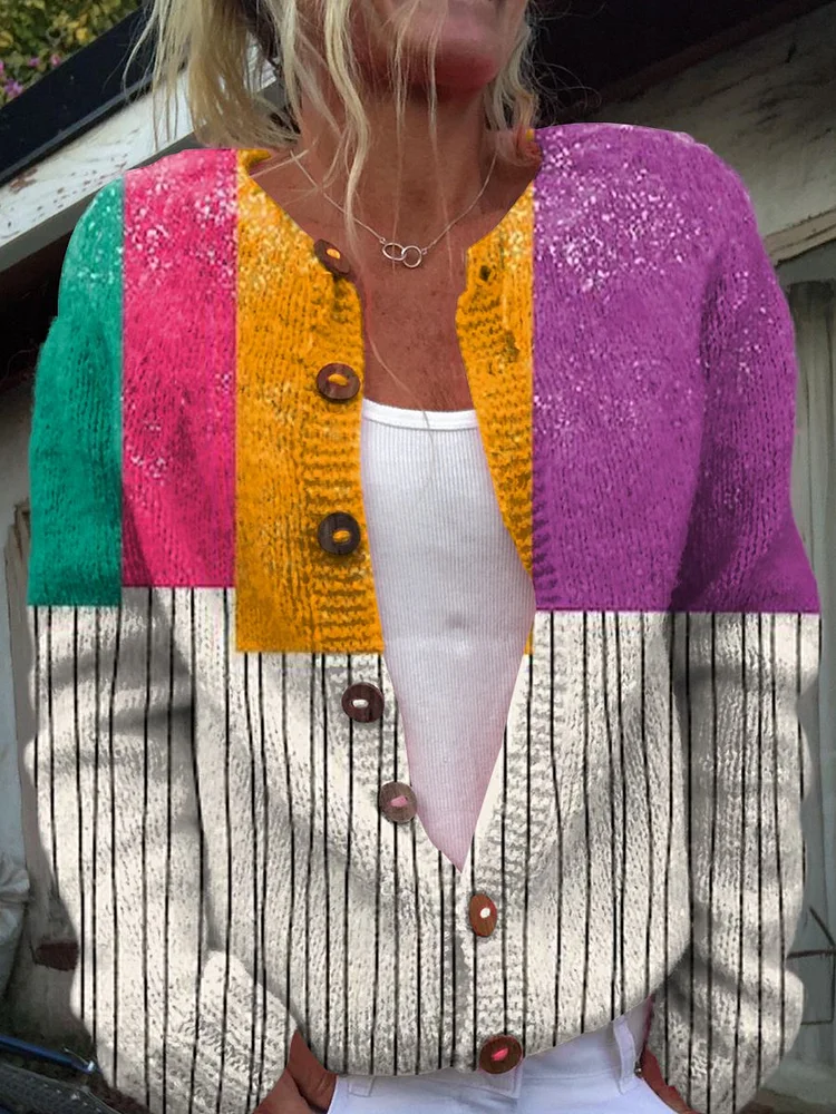 Retro Abstract Art Print Buttoned Cardigan Sweater