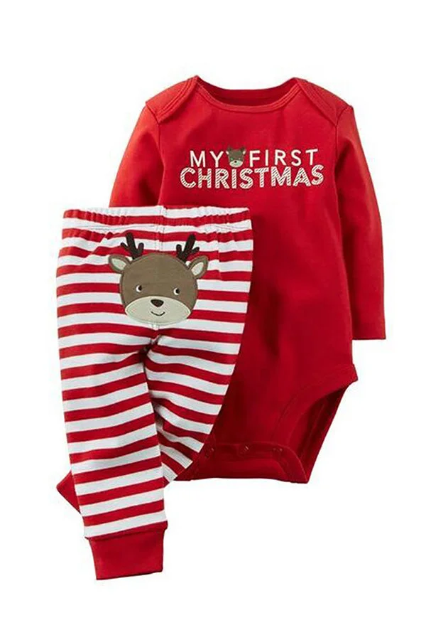 Crew Neck Long Sleeve Santa Claus Print Christmas Infant Pajama Suit Red-elleschic