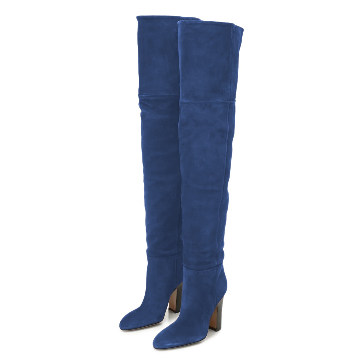Simple Vegan Suede Round Toe Thigh High Heeled Boots in Blue Nicepairs