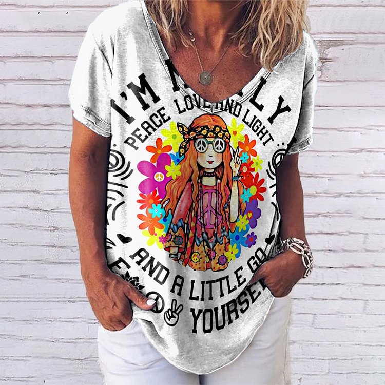 Hippie Mädchen Print Kurzarm T-Shirt