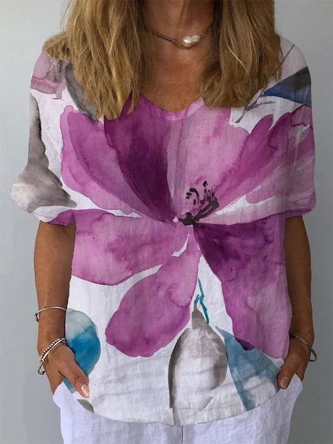 Womens Retro Floral Casual V-Neck Cotton And Linen Top