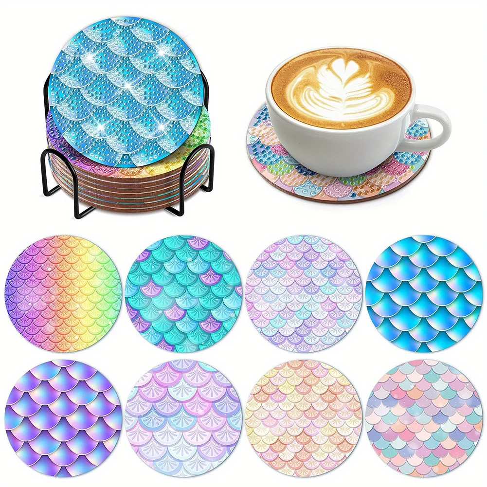 8Pcs Diamond Art Coasters Kit with Holder Colorful Diamond