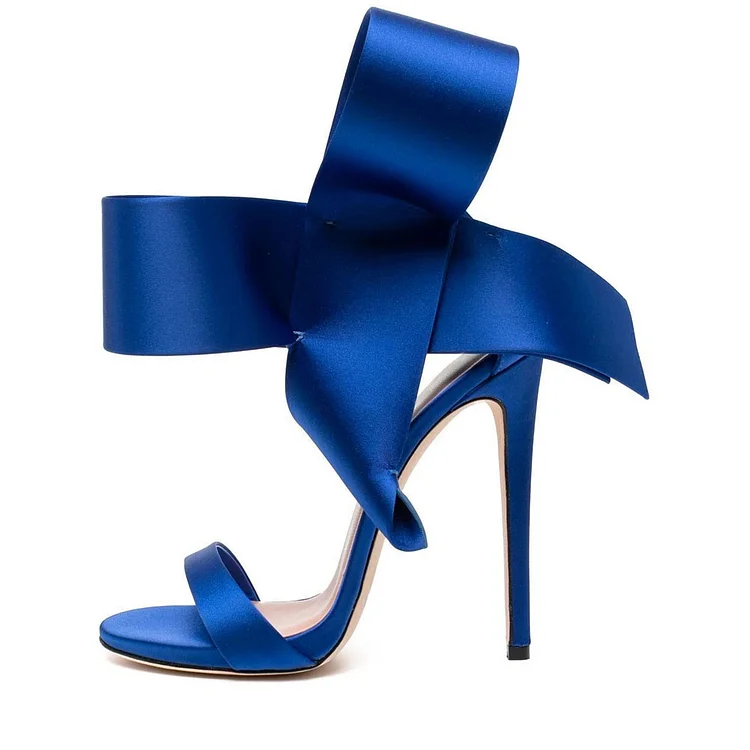 Custom Made Blue Satin Oversized Bow Heels Ankle Strap Sandals |FSJ Shoes
