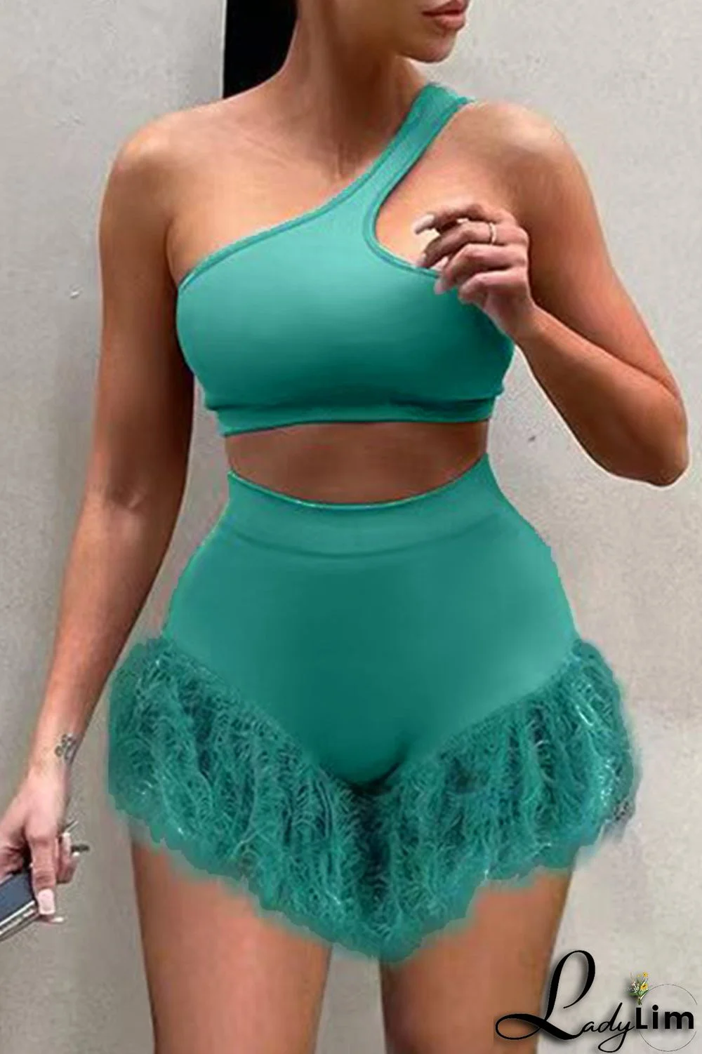 Pink Fashion Sexy Solid Patchwork Backless One Shoulder Two Pieces