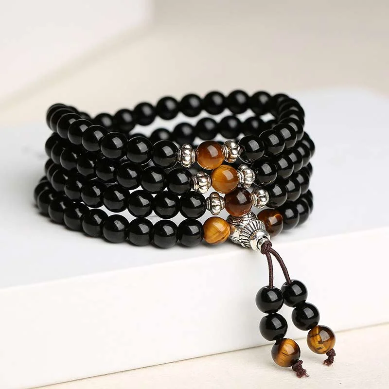 Black Obsidian Tiger Eye Blessing Mala Necklace Bracelet
