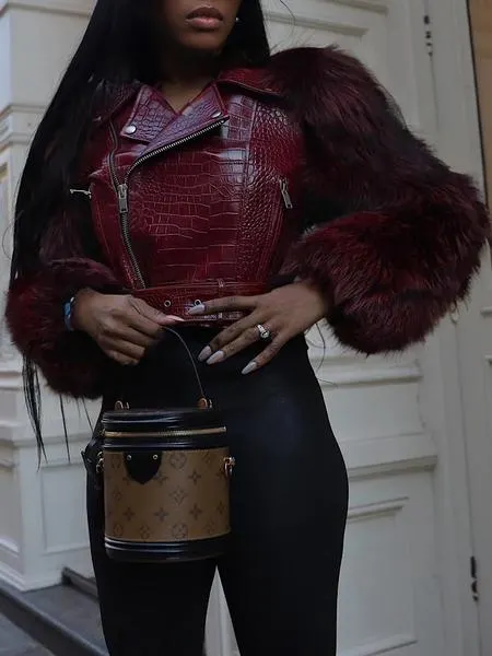Women's Patchwork Fur Jacket, Crocodile Texture Sleeves, Zipper Design, Casual Biker Style, All Seasons Wear, Stylish & Luxurious Look