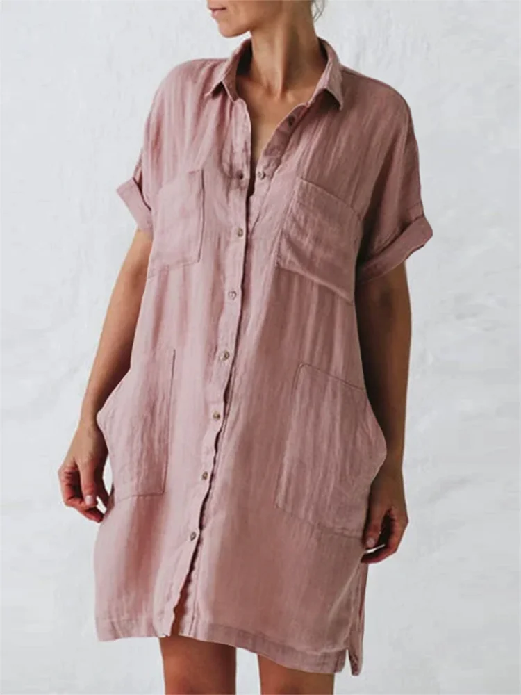 VChics Multi Patch Pocket Linen Shirt Dress