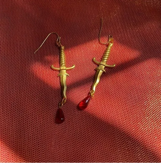 Dagger Earrings with Red Blood,Knife Earrings,red Drop Earring,horror Jewelry