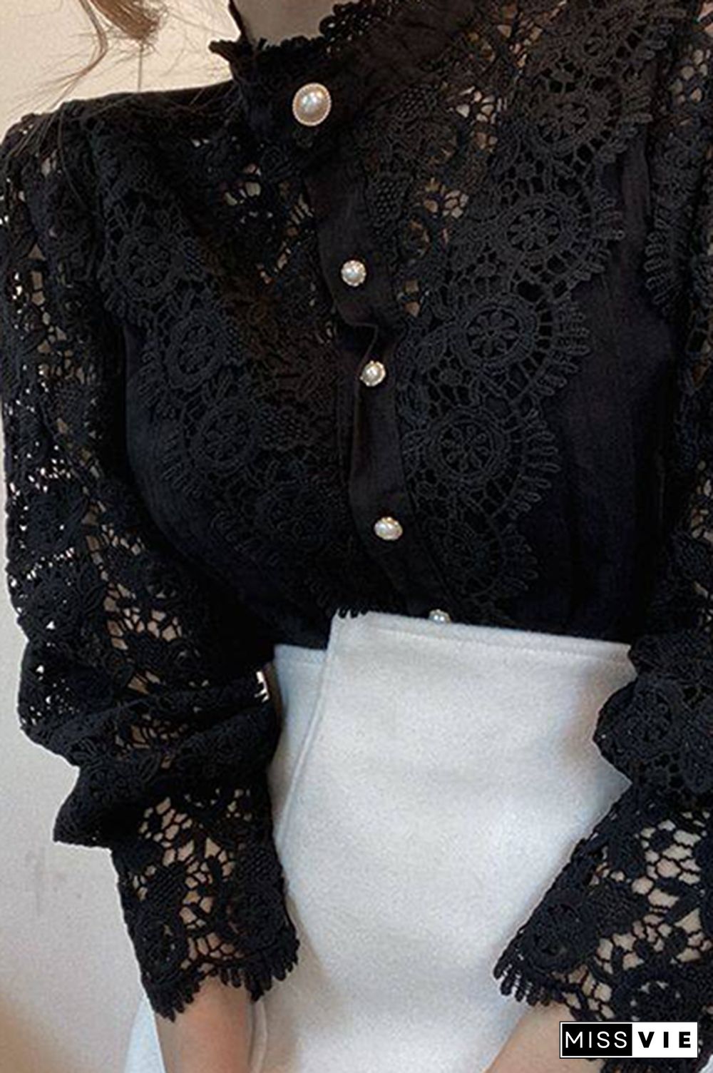 Elegant Patchwork Lace Hollowed Out Buckle Mandarin Collar Blouses(3 Colors)