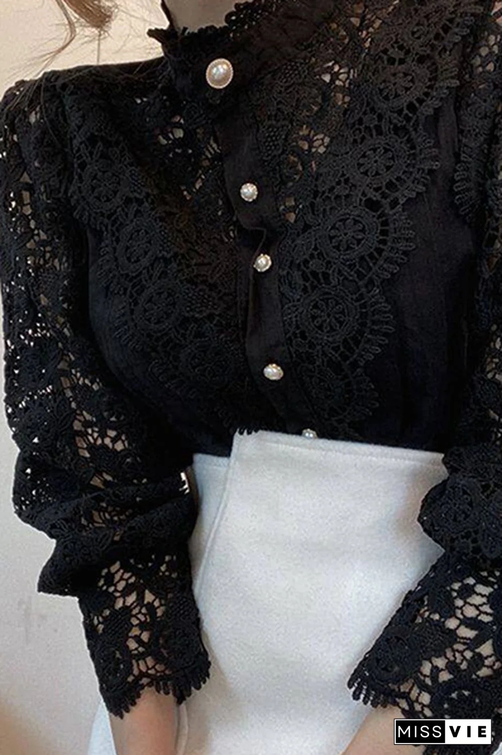 Elegant Patchwork Lace Hollowed Out Buckle Mandarin Collar Blouses(3 Colors)