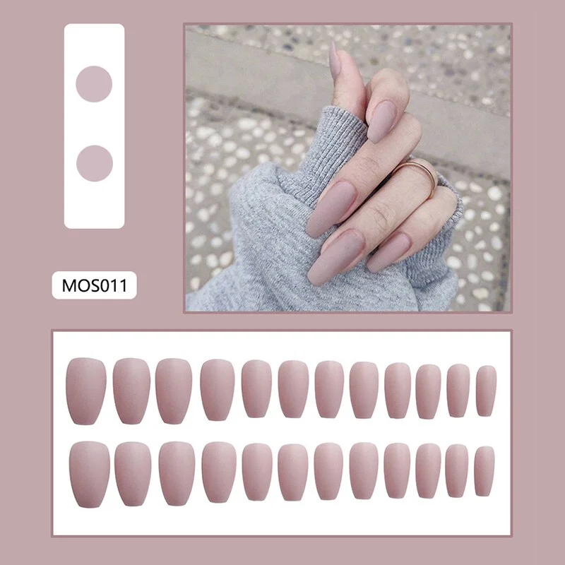 24Pcs Europe and the United State Beam ballerina fake press on nails Long Round Head Khaki matt fake nails with glue for girls-Nail Inspo