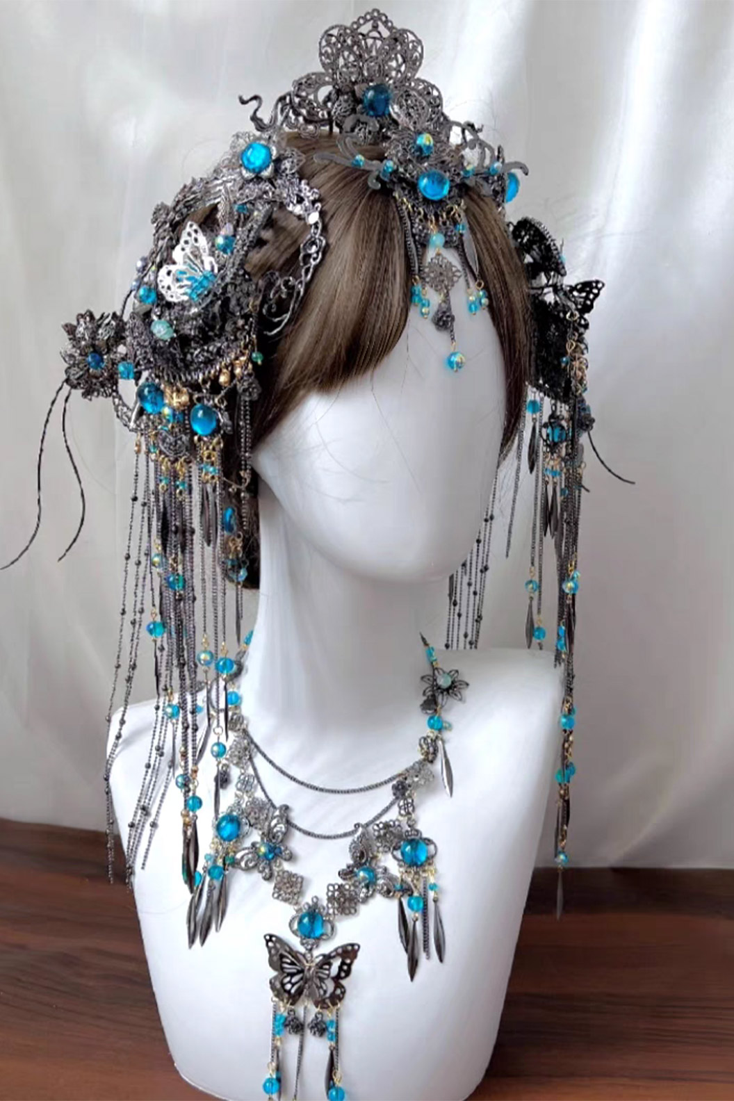Chinese Wig Hairpin Blue Gemstone Butterfly Hair Accessories Set Stupa Stones