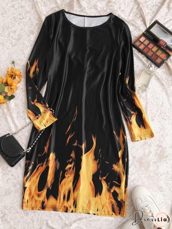 Long Sleeve Hot Flame Print Mini Dress