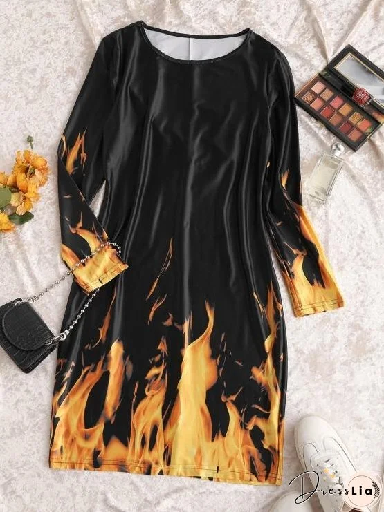Long Sleeve Hot Flame Print Mini Dress