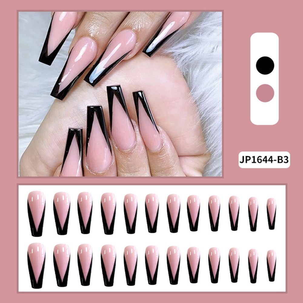 Ballerina False Nails Nude Large V Shape Extra Long Coffin French Nail Art Tips Predesigned Black Glossy Manicure Tips 24PCS