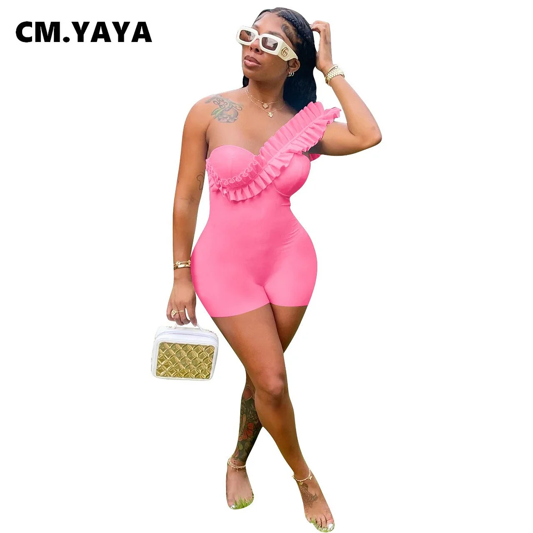 CM.YAYA Women Ruffles Spicing One Shoulder Sweetheart Neck White Bodycon Stretch Romper and Playsuit 2022 Summer Sexy Overall