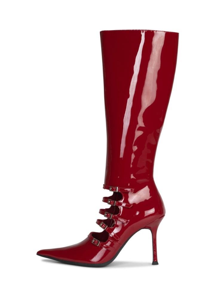 Fashion Hollow-Out Buckle Patent-Leather Pointed-Toe Mid-Calf Stiletto Heeled Boots