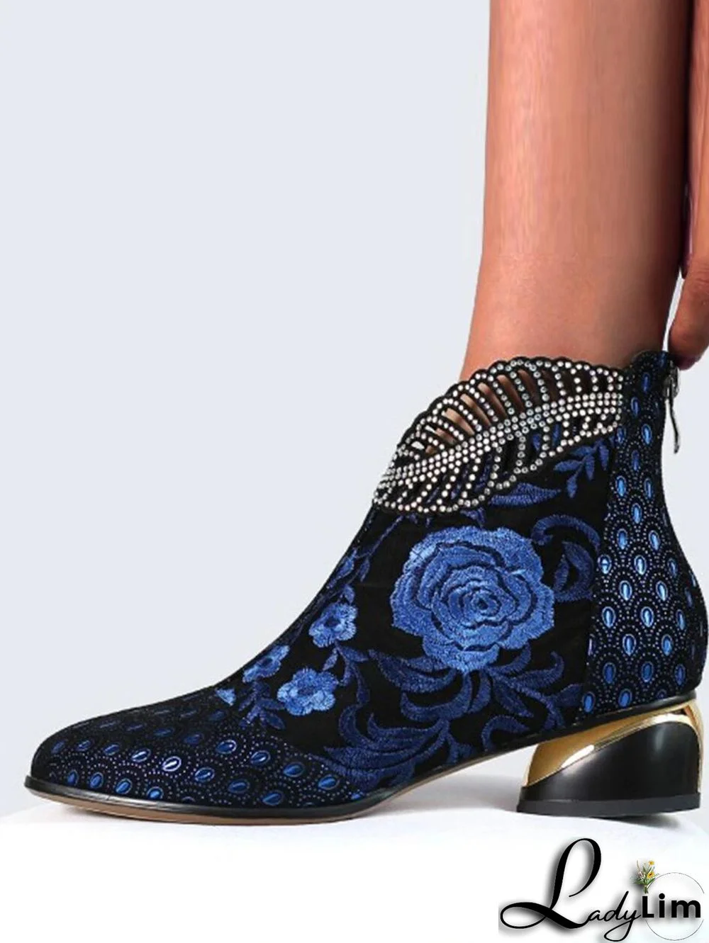 Floral Embroidery Rhinestone Decor Chunky Heeled Boots